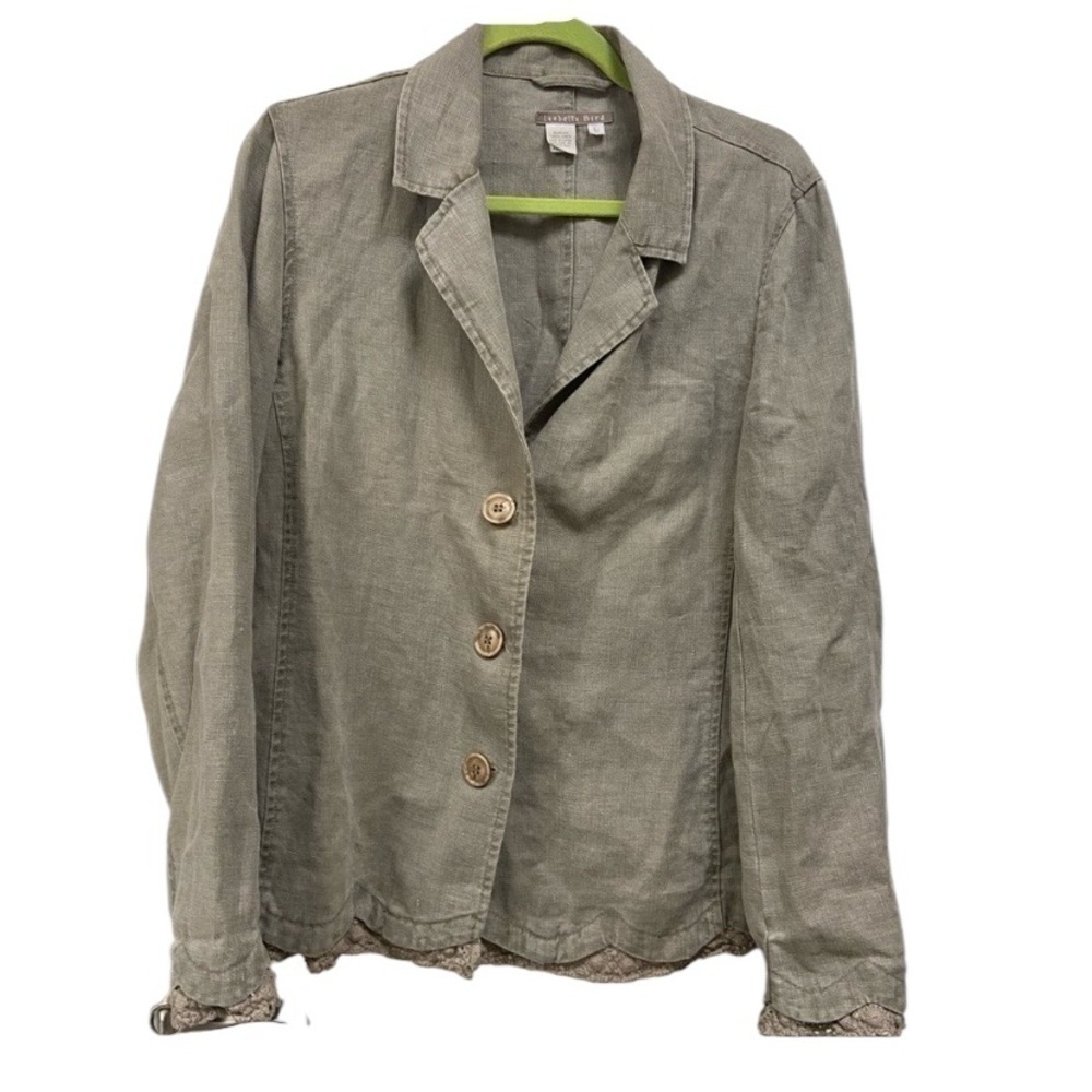 Isabella Bird linen jacket blazer size large khaki olive green with crochet